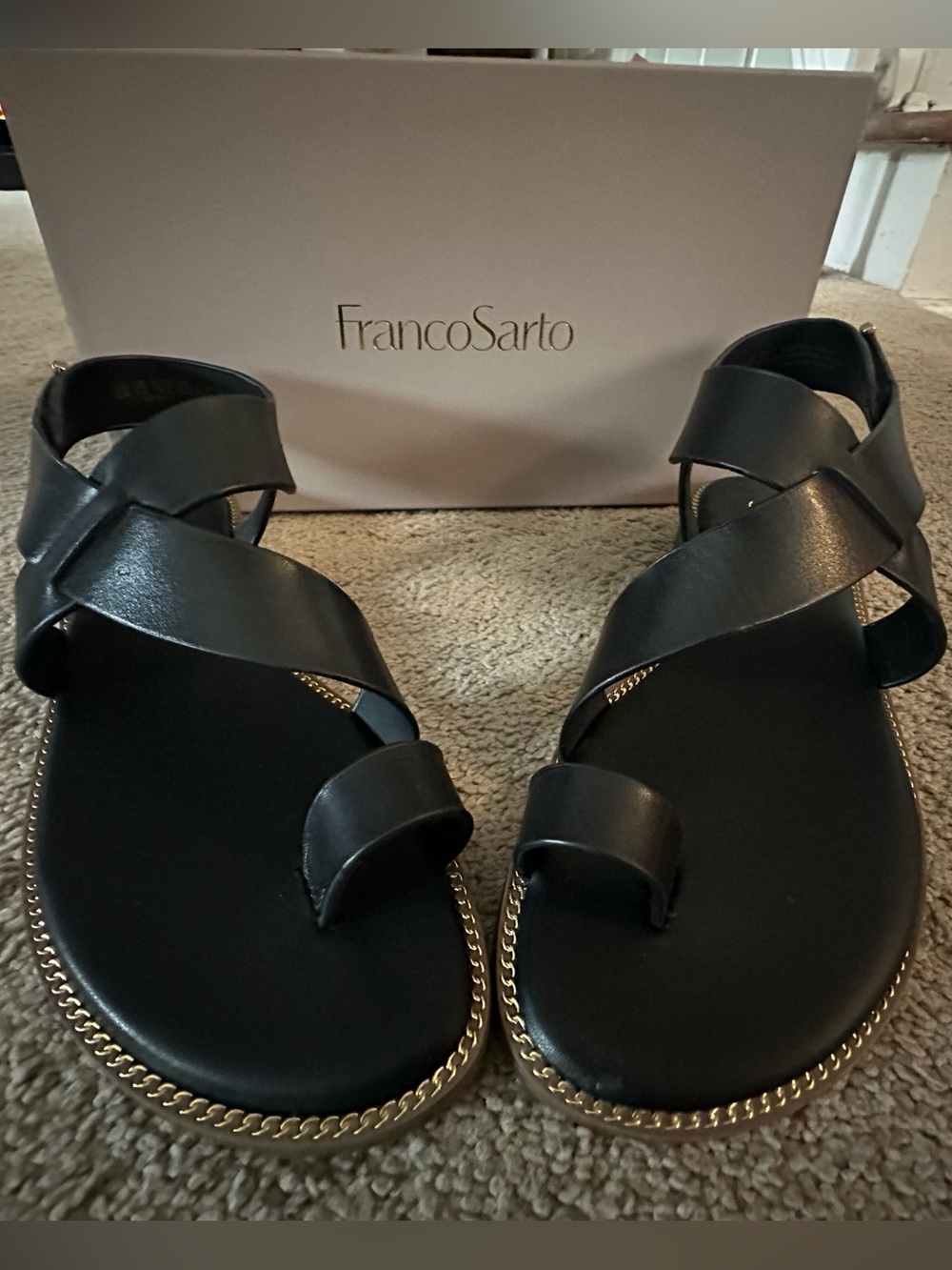 Franco Sarto Black Leather Chain-Trim Flat Sandals